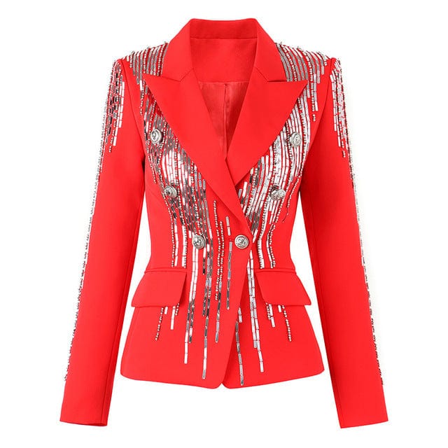 XL / Beige GetSpring Women Blazer Double Breasted Full Sleeve tuxedo Red Coat Sequin Nail Bead Women&#39;s Slim Suit Jacket Autumn 2022