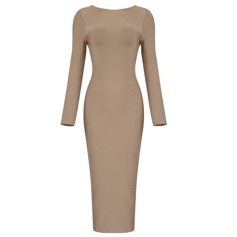 XL / Beige OUDINA Fashion Elegant Casual Zipper Female Evening Dress Women's Ladies Long Sleeve Bodycon Long Bandage