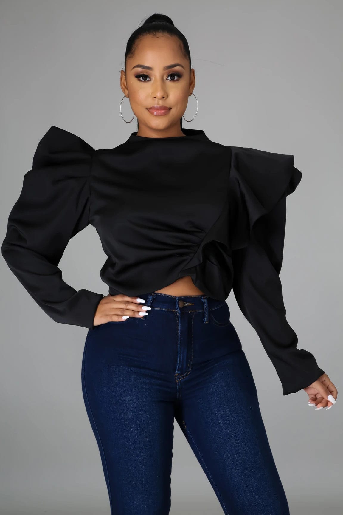 XL / Black Autumn New Arrival Woman Tops Fashionable Ladies Blouses Ruffled Long Sleeve Office Lady Crop Top 2022