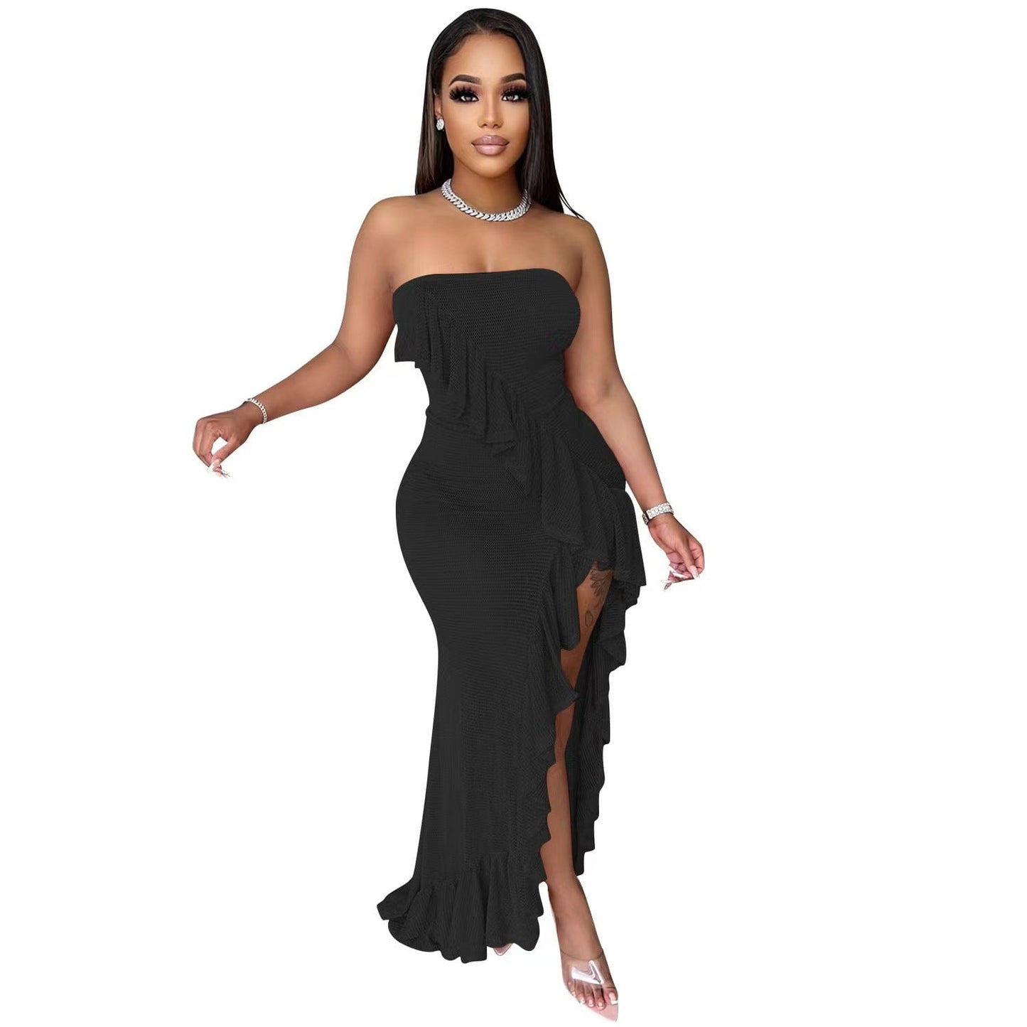 XL / Black J&H new arrivals 2023 sexy strapless ruffled club party dress elegance women asymmetric fashion high slit party gowns