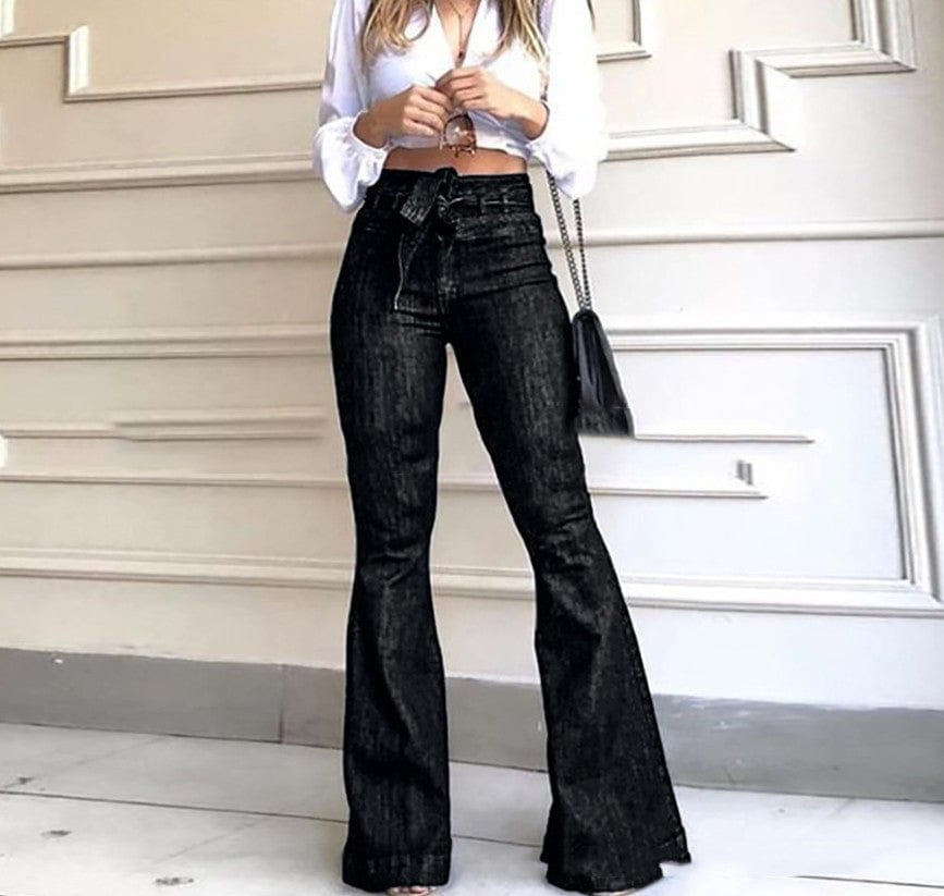 XL / black ladies High rise hip lift womens high waist wide leg raw denim trousers women pants baggy women's flared jeans