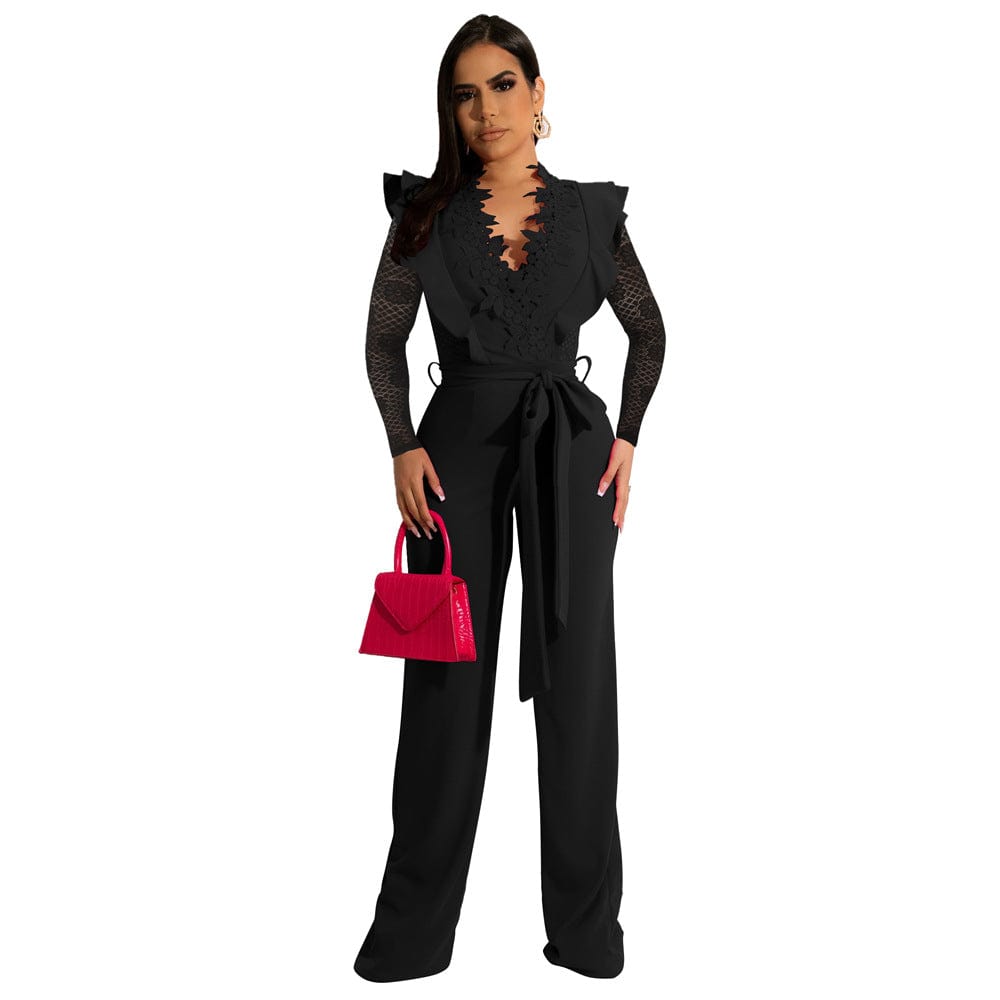 XL / Black Latest Products Fall 2022 Women Clothes Elegant V Neck Slim Fit Lace Patchwork Long Sleeve Jumpsuit Long Women Jumpsuit