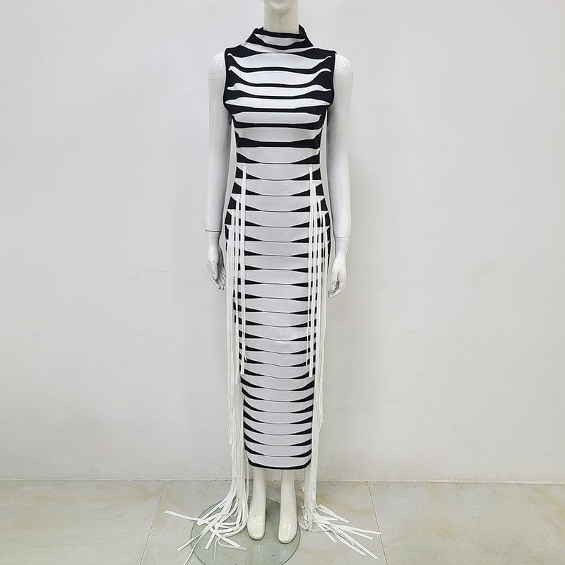 XL / black NOVANCE summer dresses women 2023 sleeveless white stripe tassel fringe gowns prom dress for nightclub bar ball room