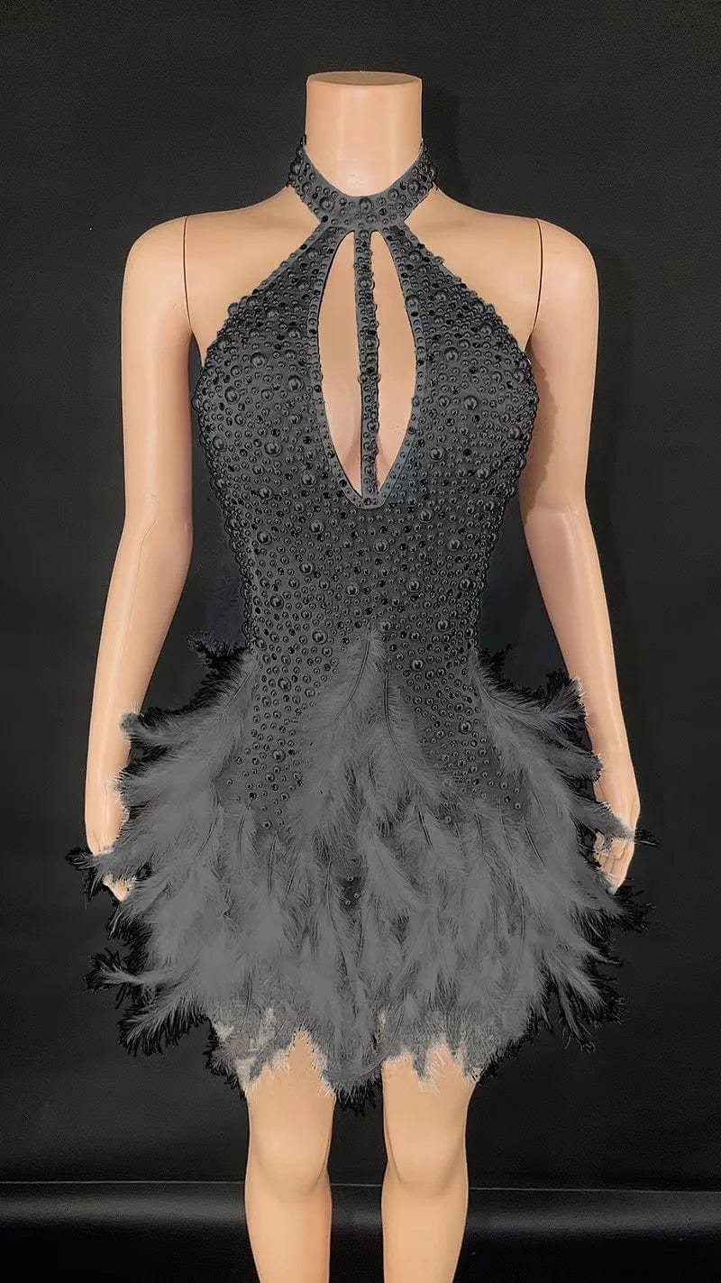 XL / Black Novance Y3276 Hot Sales 2024 New Arrivals High Neck Elegant Sequin Evening Night Wedding Dress with Pearls Feather for Dress