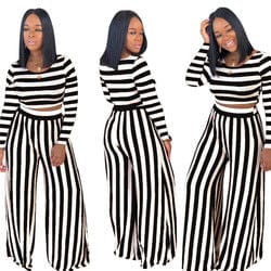 XL / Black S3845 Fashion long sleeve stripe printing halter wide leg pants latest fashion woman casual two piece set