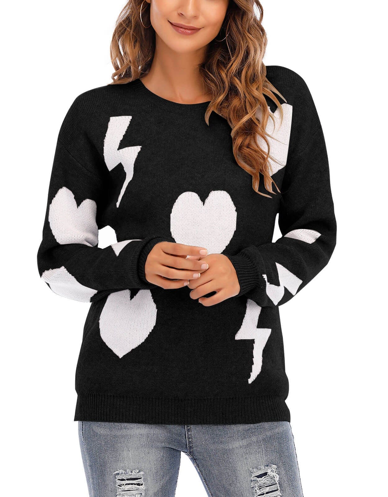 XL / Black + White New Valentine's Day Sweater Women's Loose Pullover Long Sleeve Love + Lightning Round Neck