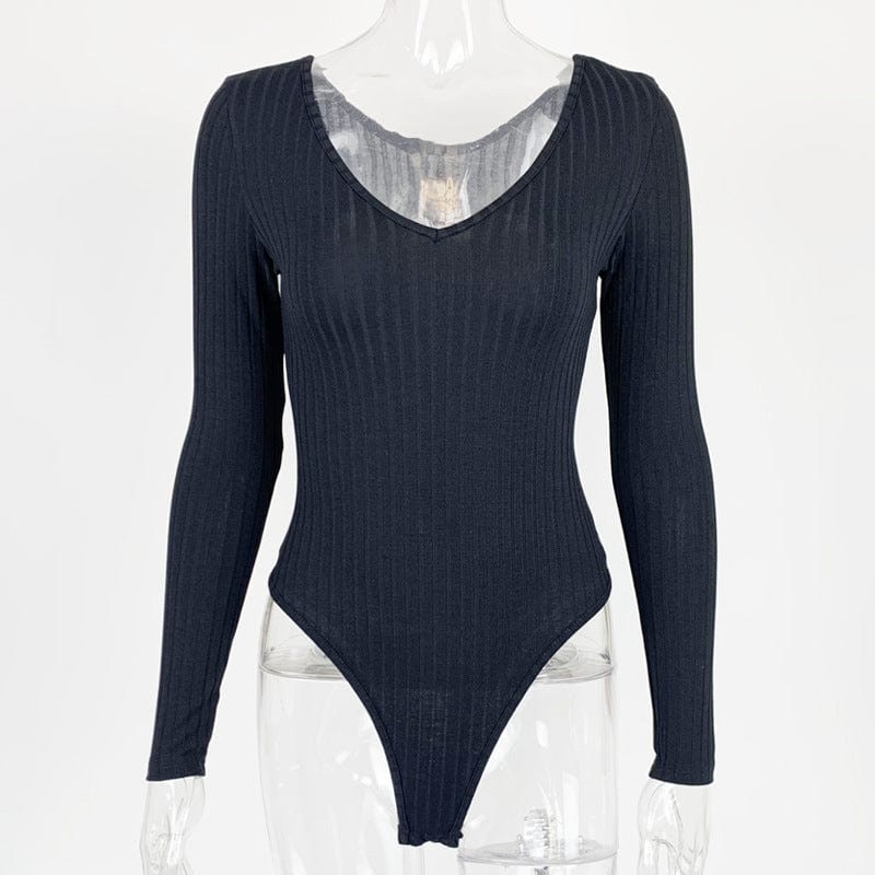 XL / Black Women Clothing 2022 Custom Logo Deep V Neck Bodysuits Ribbed Long Sleeve Bodysuit Knit Polyester Tight Bodysuits Fall