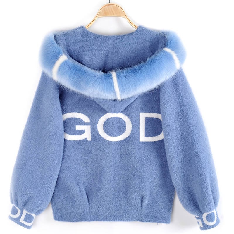 XL / Blue 2022 Autumn Winter Women Faux Mink Fur Coat Loose Short Style Hooded 2022 New Fashion Girls Cute Sweater Coat