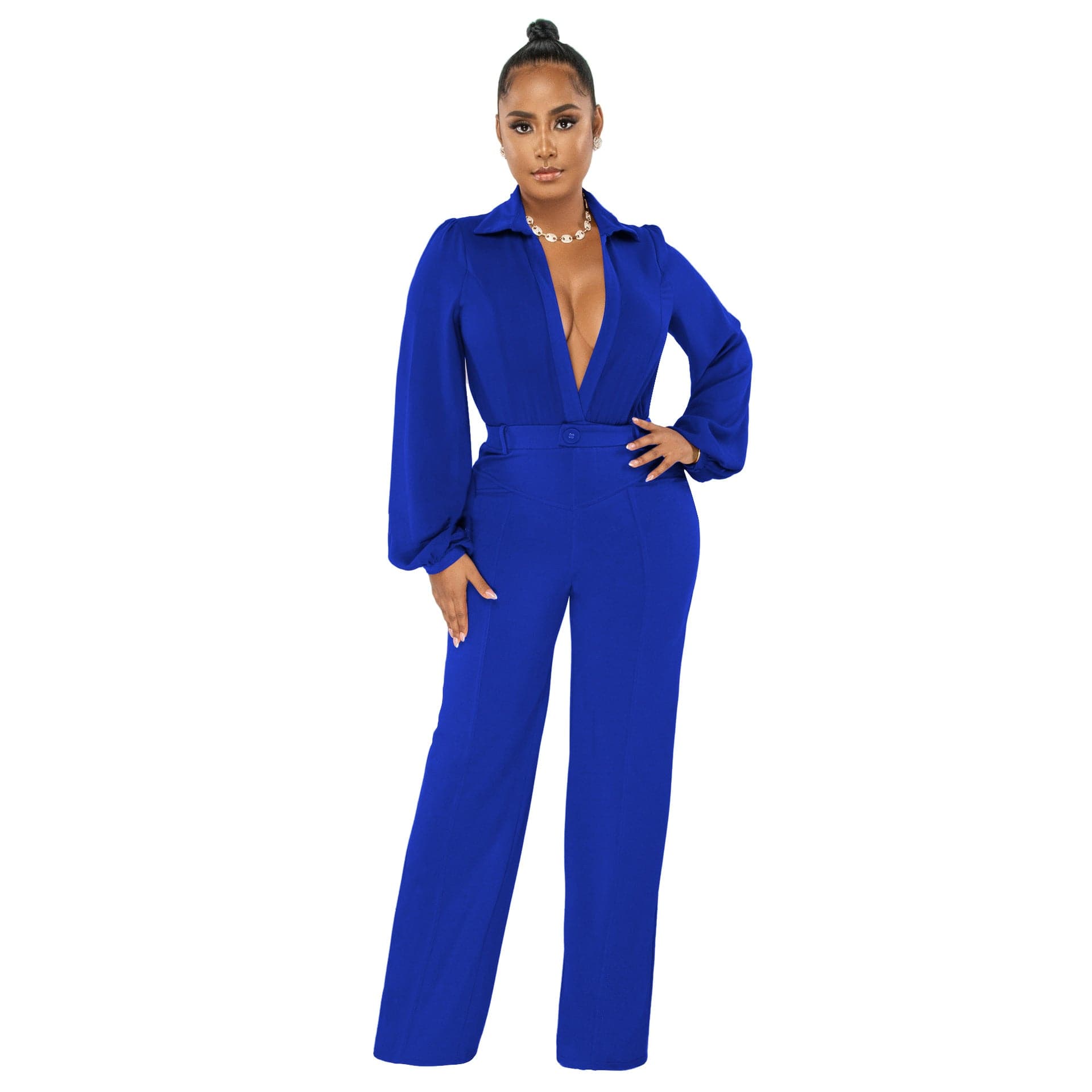 XL / Blue AL224 Autumn Women V Neck Fashion Skinny Jumpsuit Solid Long Sleeve Trend Elastic Fitness Activewear Casual Workout Overall