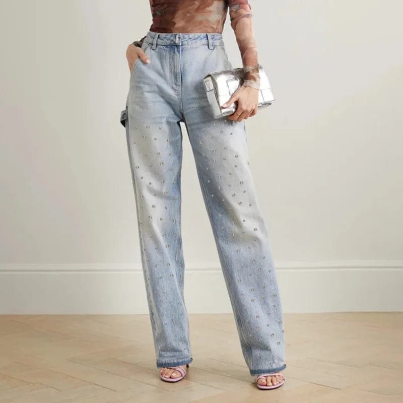 XL / Blue Bettergirl 2023 Autumn New Beaded Design Straight Pants High Waisted Fashion Style Denim Pants