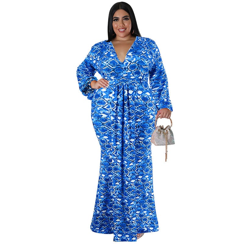 XL / Blue C1103ME42 Stylish Design Plus Size Casual Geometric Print Bodycon Maxi Dress Women Sehe Fashion