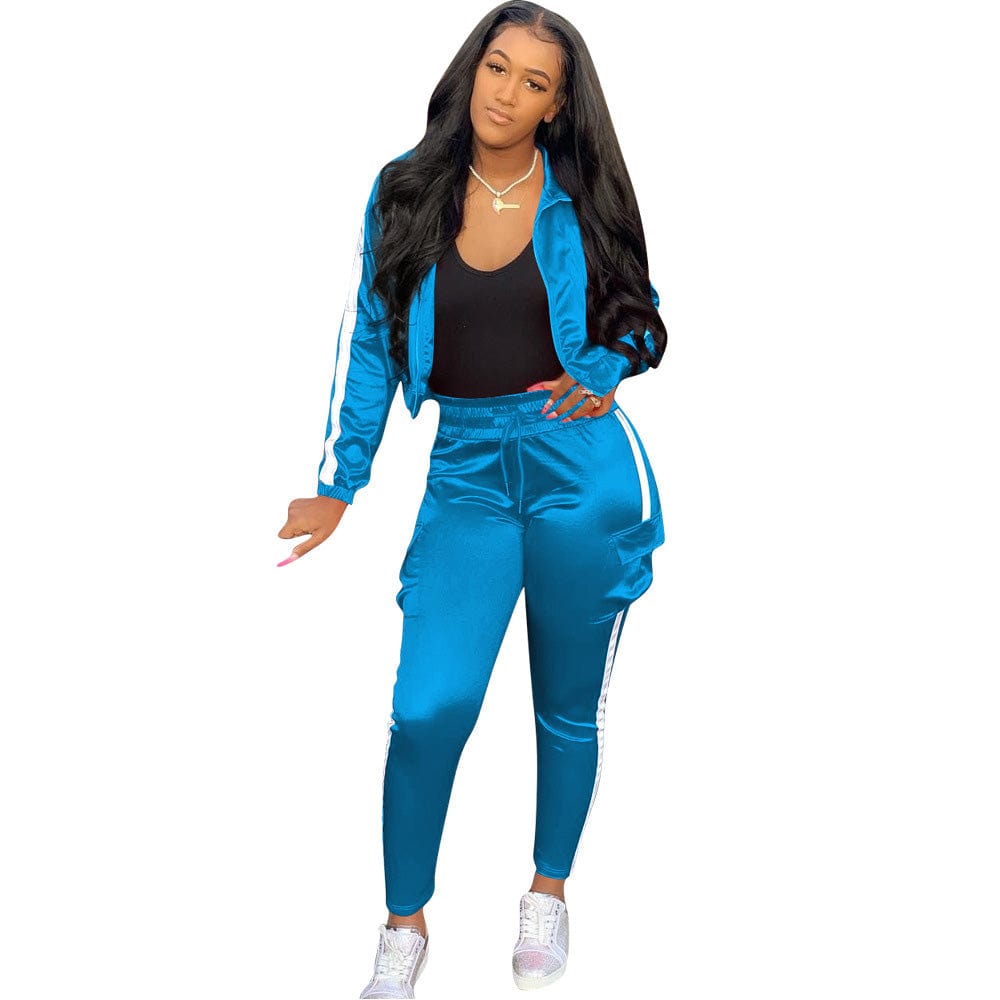 XL / Blue fall women jogging suits custom 2022 satin 2 piece reflective tracksuit set women