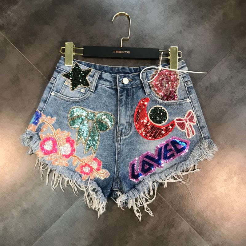 XL / Blue OUDINA Hot Selling Heavy Industry Patch Raw Edge Sequins Fashion Women's Denim Shorts For Woman