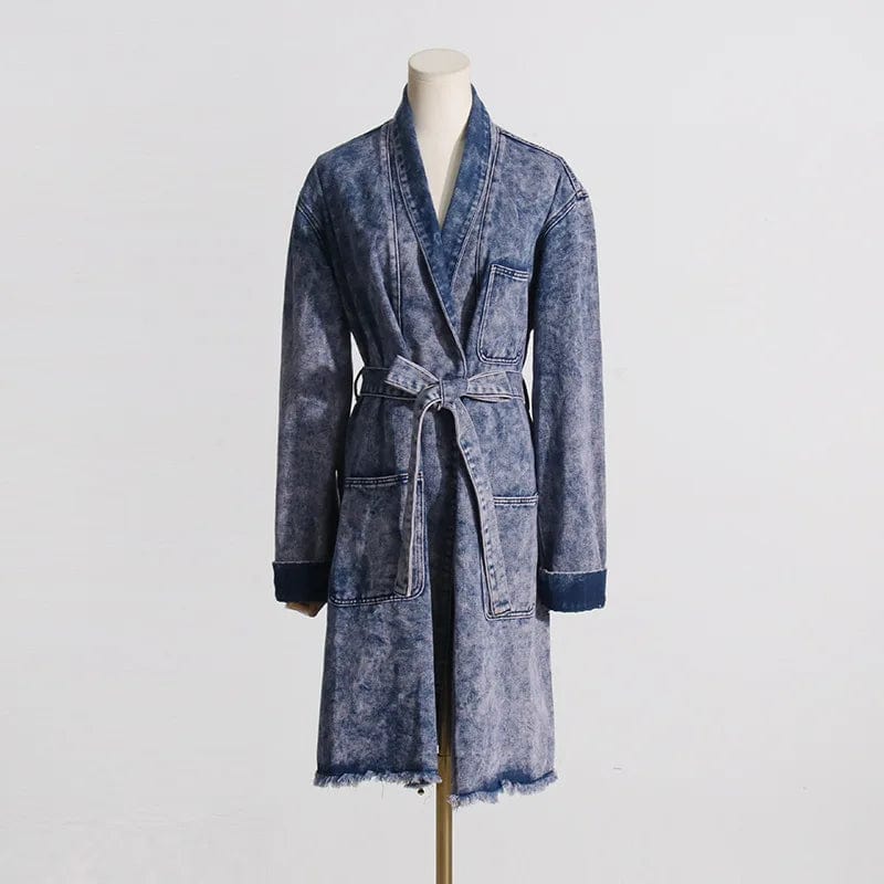 XL / Blue OUDINA New 2023 Old Design Long Denim Trench Coat Stitching Ostrich Feather Waisted Women Jeans Jacket