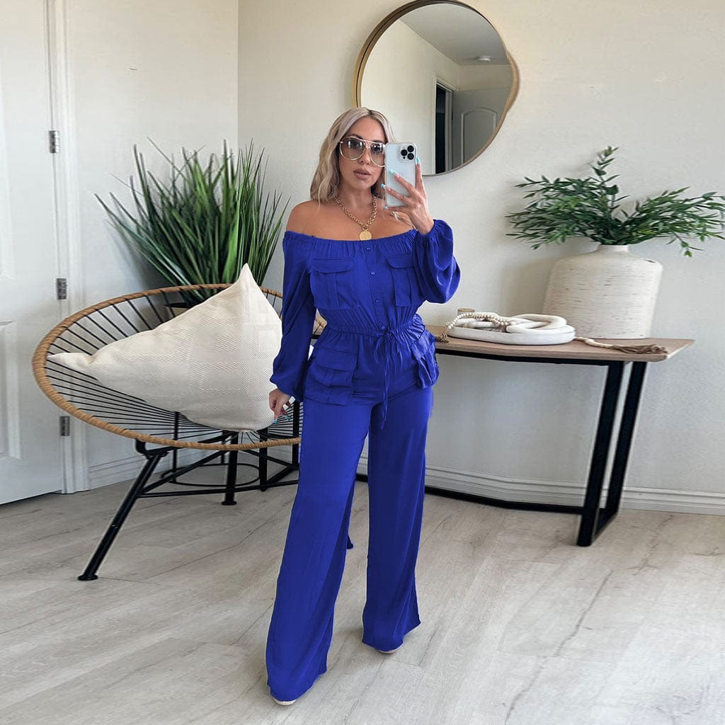 XL / Blue Sharee Clothing Stretchable With Pocket Off The Shoulder Jumpsuit Women Drawstring Woman Jumpsuit Elegant Cloths For Women