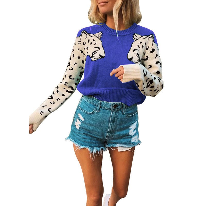 XL / Blue WN501292 Fashion leopard knitting top O Neck Casual women fall Long sleeve winter knit sweater