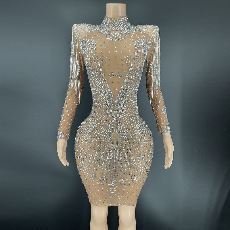 XL / Brown NOVANCE Y1729-A new 2023 arrivals high neck white mesh shiny tassels crystal dress elegant sparking diamonds gown evening party