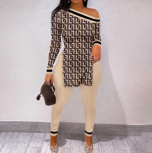 XL / Brown Sharee 2023 New Arrival Women Clothing Letter Printing Tops Match Print Pants Fashionable Sets Irregular 2 Piece Set Women