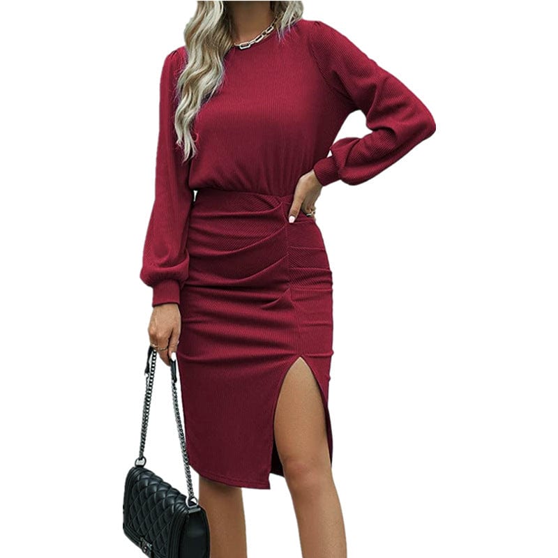 XL / Burgundy Autumn Winter Women's Wholesale Solid O Neck Thread Slim Lantern Long Sleeve Knit Slit Package Hip Mid Length Elegant Dresses