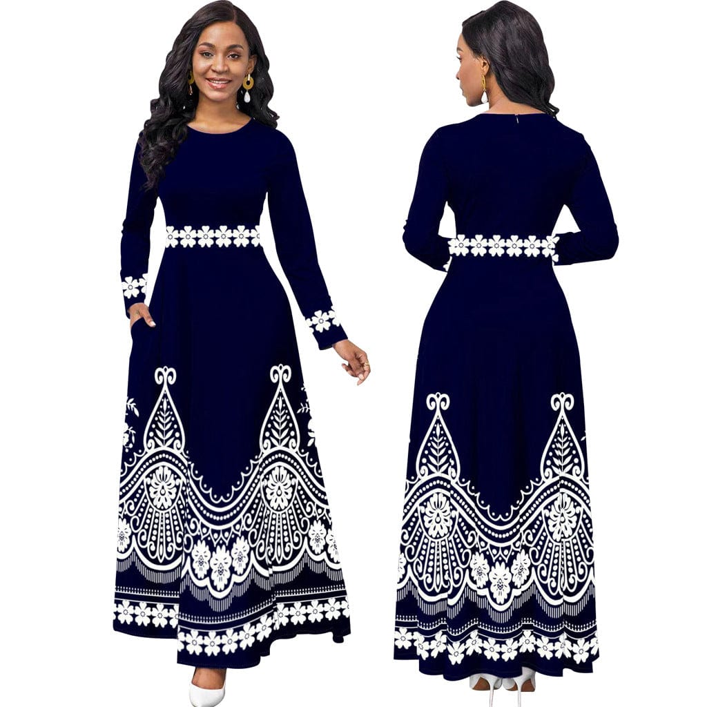 XL / Dark blue C1103ME19 New Design Elegant Unique Print High Waist Maxi Dress For Women Sehe Fashion