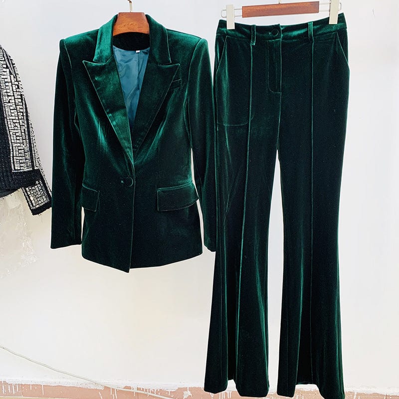 XL / dark green new arrival office lady set with one button casual women blazer set luxury velvet material set for women