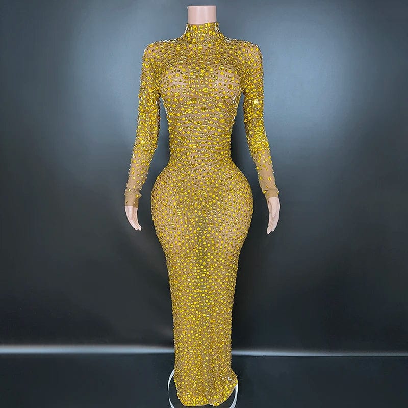 XL / gold Novance Y2507-LSB Casual Dresses Elegant Formal Fashion Latest Dinner Gown Celebrity Luxury See Through Clothes With Rhinestones