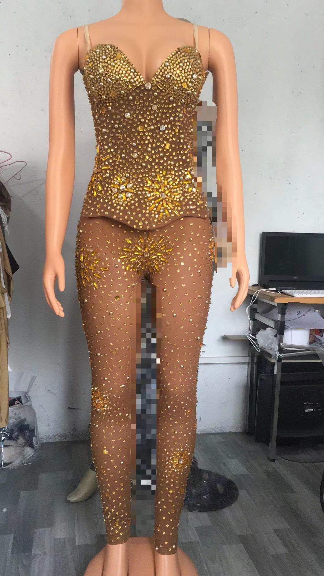 XL / Golden NOVANCE Y2223 Summer Clothes 2022 Latest Black Diamond Transparent sparkly Romper Adult Women Sexy Clothing For Club Party