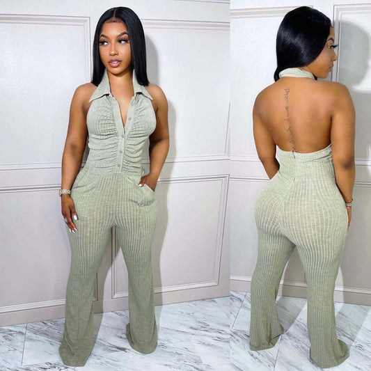 XL / Gray Deep V Neck Sexy Backless Ribbed Summer Woman Outfit Jumpsuit With Pocket Cheap Jumpsuit Palazzo Pant Wide Leg Jumpsuit Women