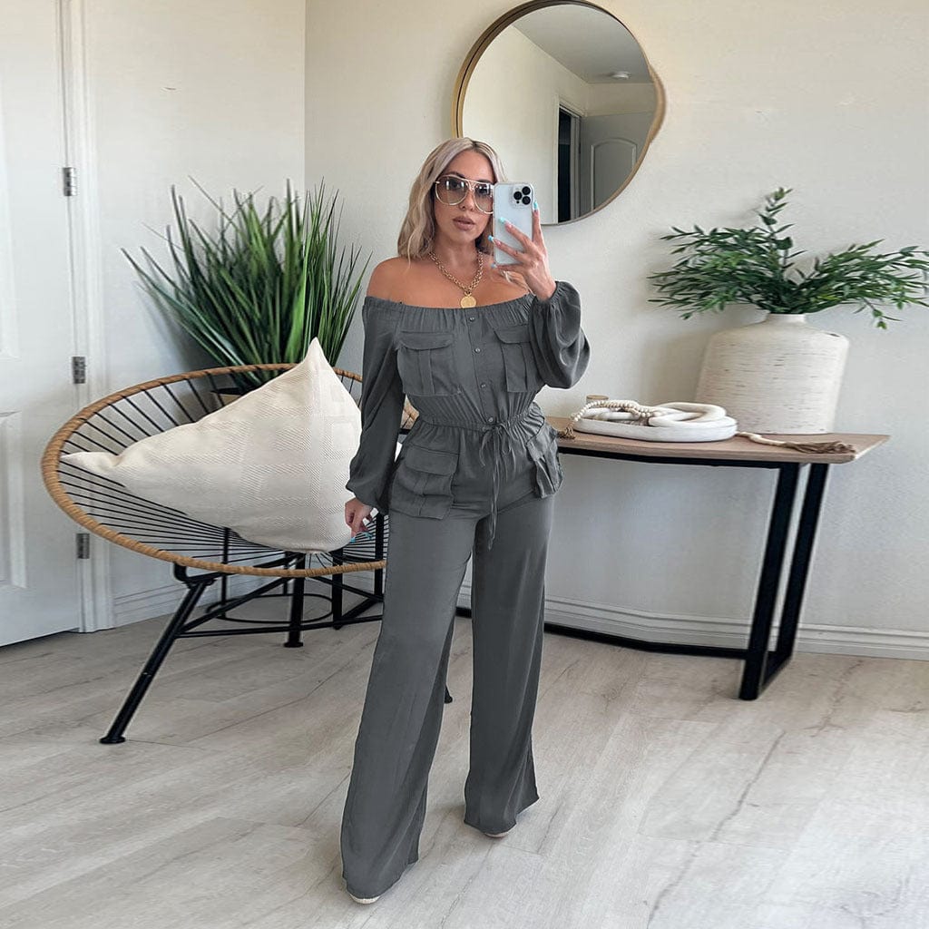 XL / Gray Sharee Clothing Stretchable With Pocket Off The Shoulder Jumpsuit Women Drawstring Woman Jumpsuit Elegant Cloths For Women