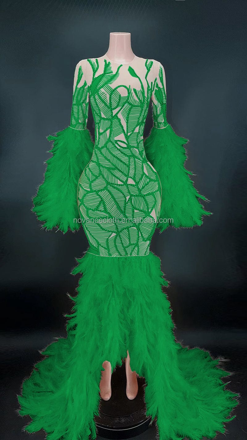 XL / green NOCANCE Y2682 happy new year 2023 shiny diamonds orange feathers elegant evening gown cocktail dresses for prom party