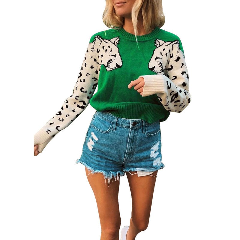 XL / Green WN501292 Fashion leopard knitting top O Neck Casual women fall Long sleeve winter knit sweater