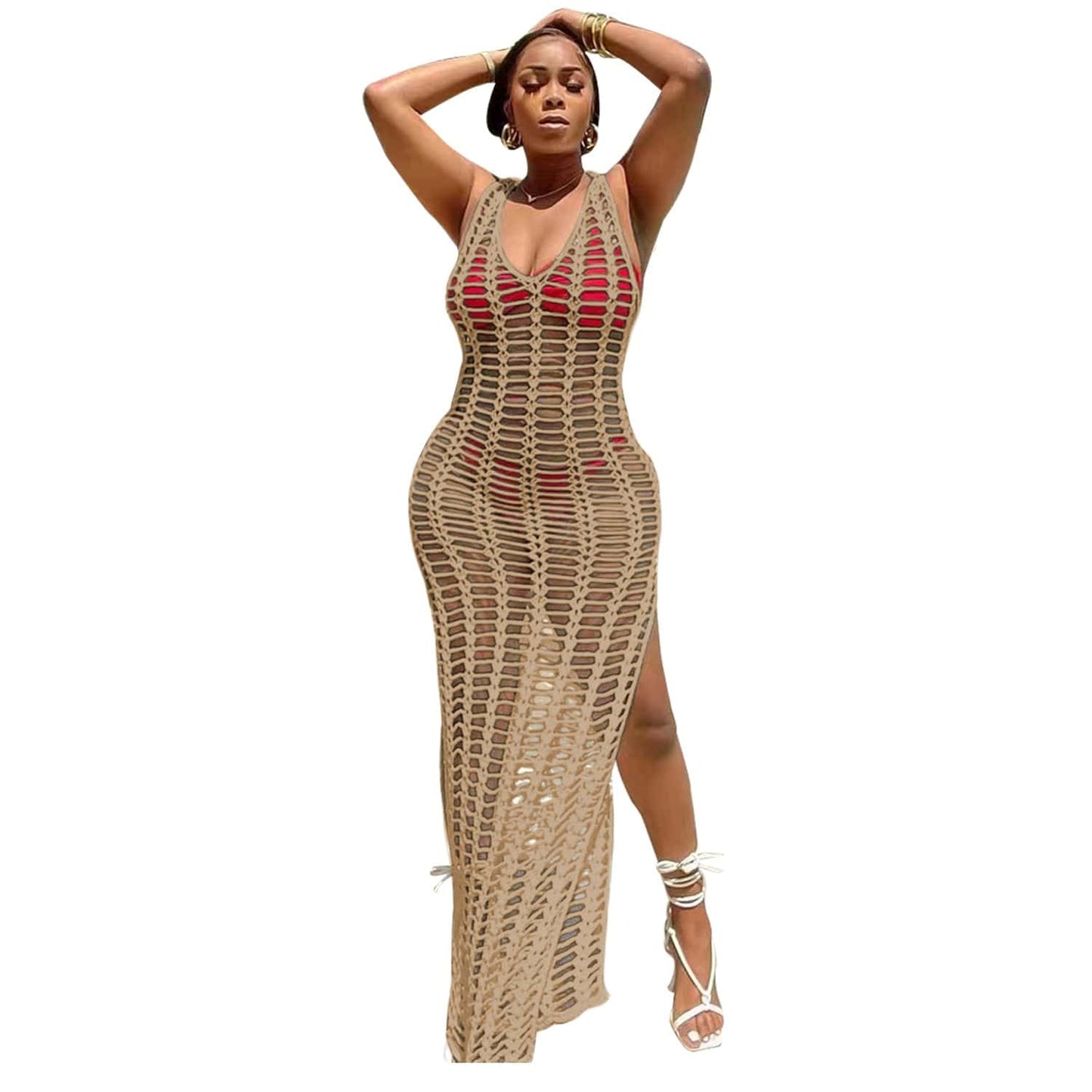 XL / grey New Style Fringe Hollow Out Swimwear Siamese Swimming Costume Women Cover UP Bathing Suits swimdress Tassel Swimwear