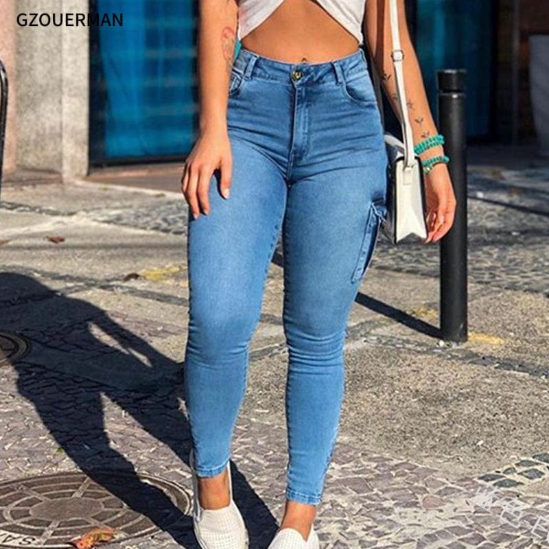 XL / Light Blue New Style Denim Jeans for Women Zipper Leg Pockets Elastic Overalls Whitened Trousers Pants Slim Pencil Jeans