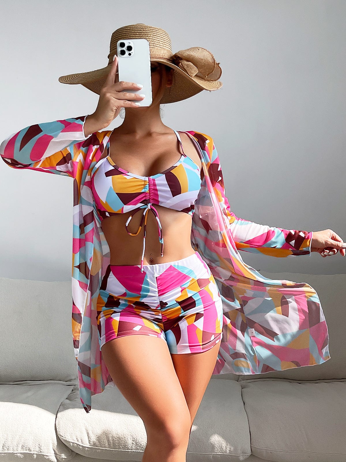 XL / No.15 OOTN 2023 Summer Push Up Beach Bathing Suit Tropical High Waist Bikini three piece swim set Sexy Long Sleeve Cover Up Swimsuit