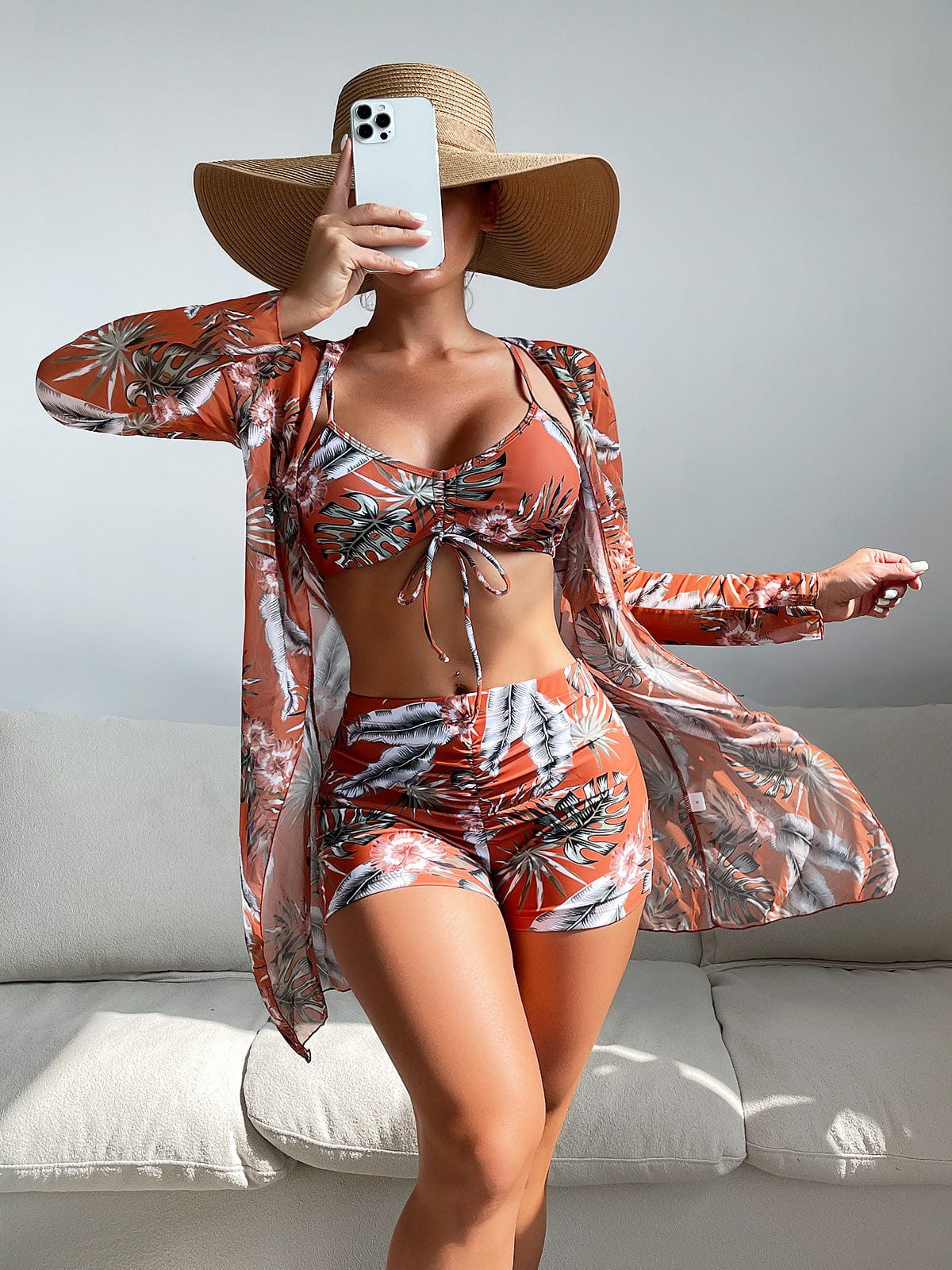 XL / No.19 OOTN 2023 Summer Push Up Beach Bathing Suit Tropical High Waist Bikini three piece swim set Sexy Long Sleeve Cover Up Swimsuit