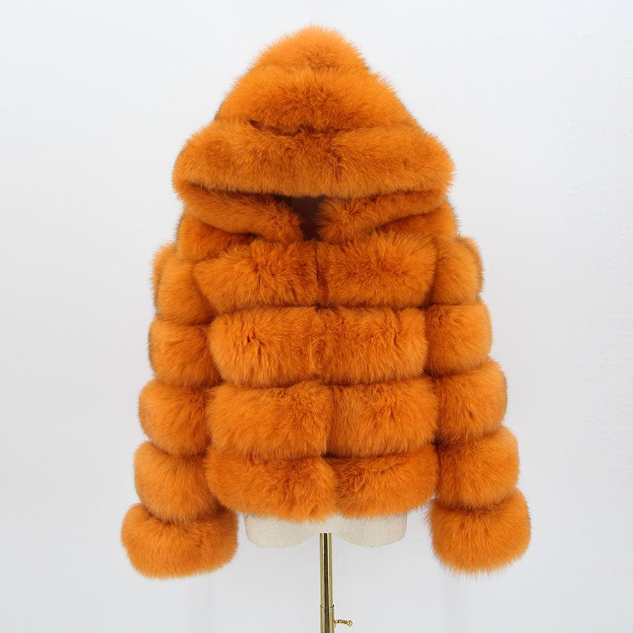 XL / Orange QIUCHEN QC20110 Fashion Winter Warm Fluffy Fur Jacket Women Genuine Hooded Real Fox Coat