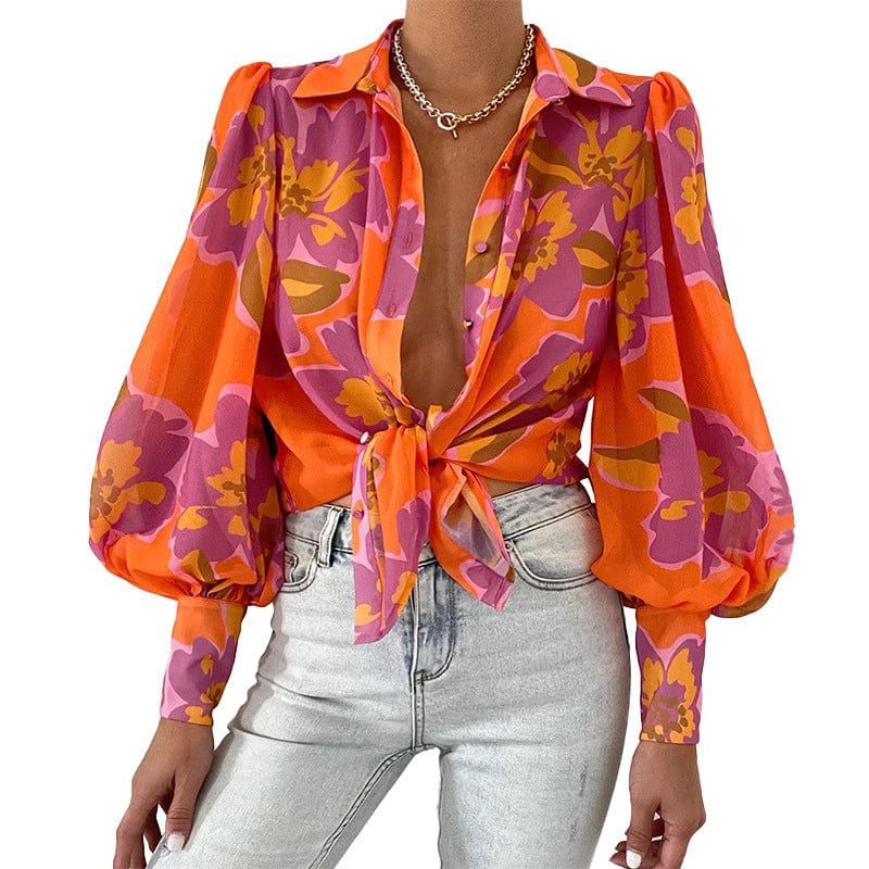 XL / Orange ZL1983 Hot Sale Cardigan Loose Puff Sleeve Printed Blouse For Women Shirts Blouses And Tops Fashionable Summer Shirt 2022