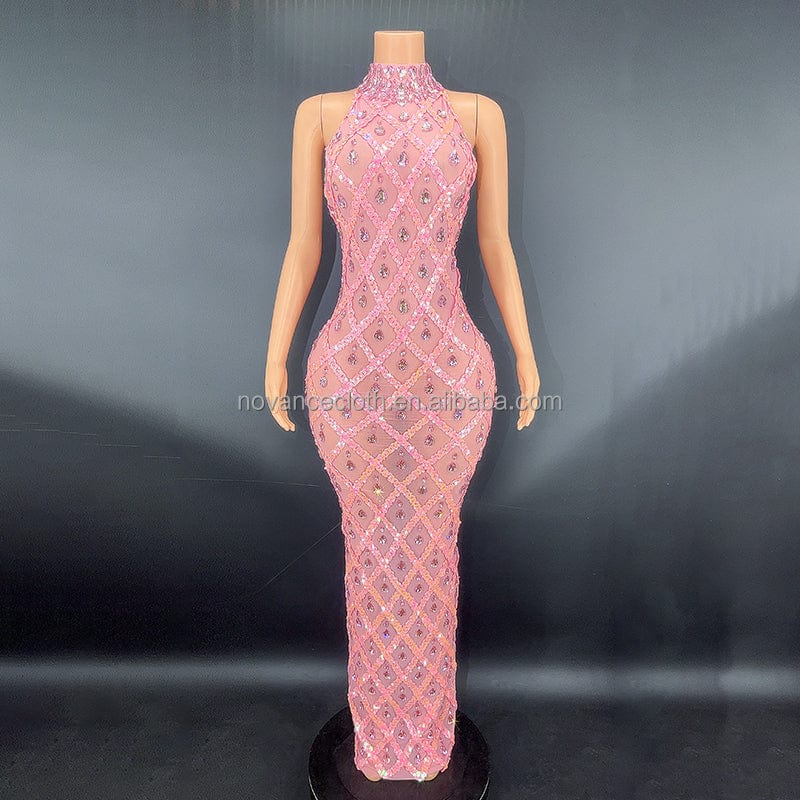 XL / Pink NOCANCE Y2360 new year 2023 blingbling diamonds sequins sexy sleeveless evening gown dress elegant maternity dress photoshoot