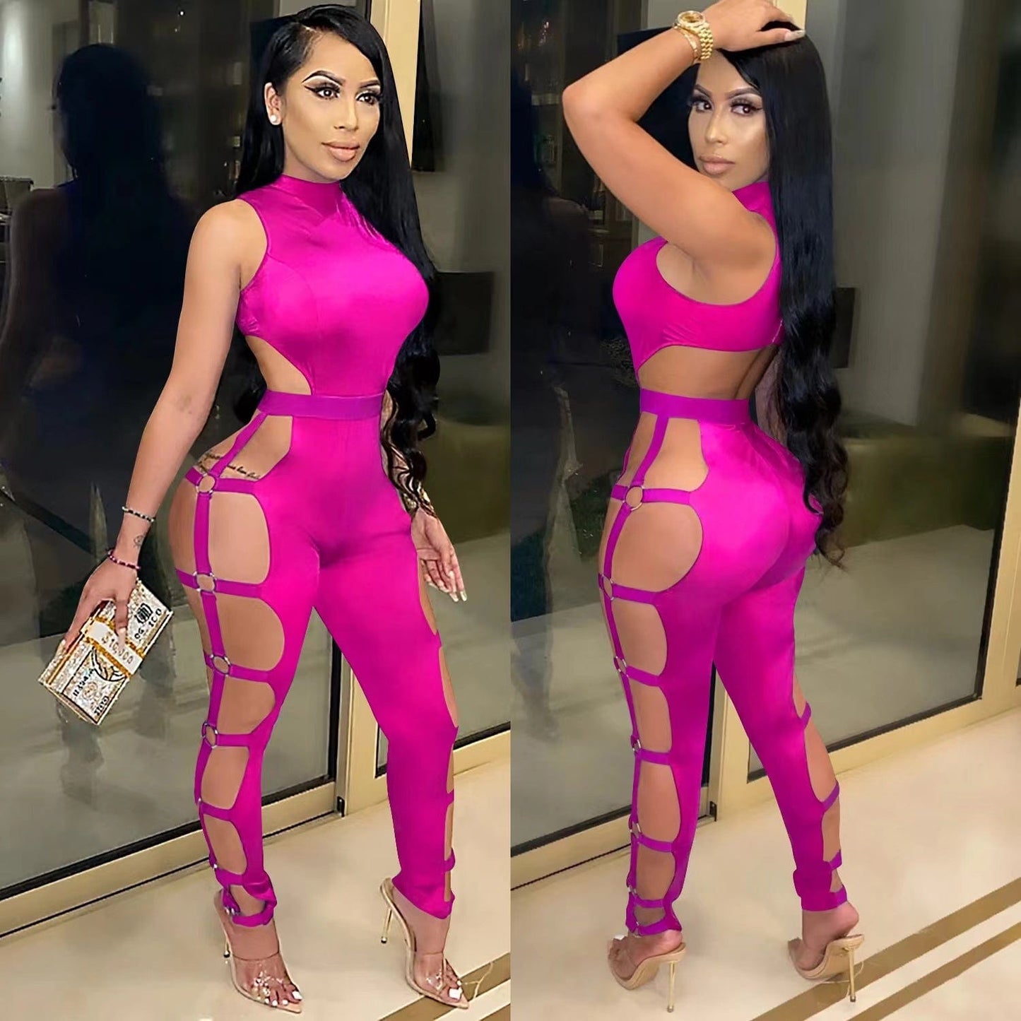 XL / Pink OUDINA Fashion Nightclub Tight Sleeveless Sexy Hollowed Out Jumpsuits Backless Jumpsuit