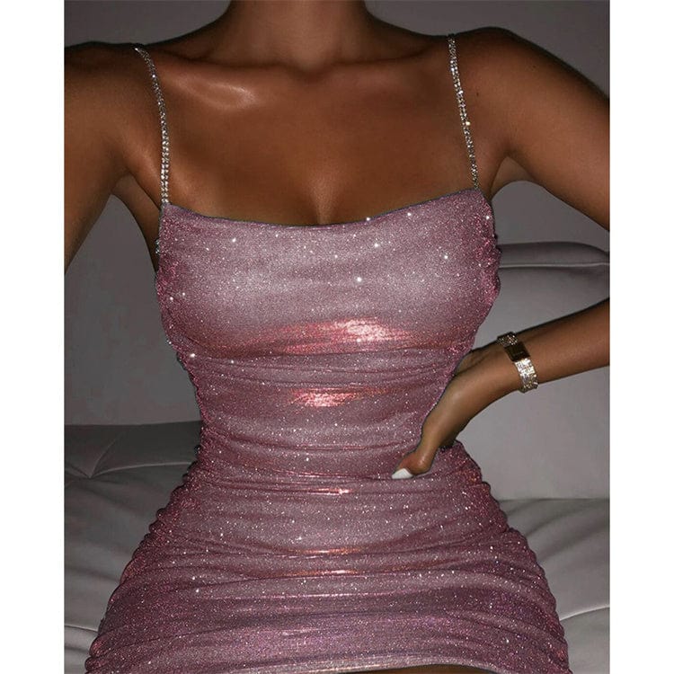 XL / Pink Sexy Nightclub Party Dress Rhinestone Sexy Suspender Dress Women