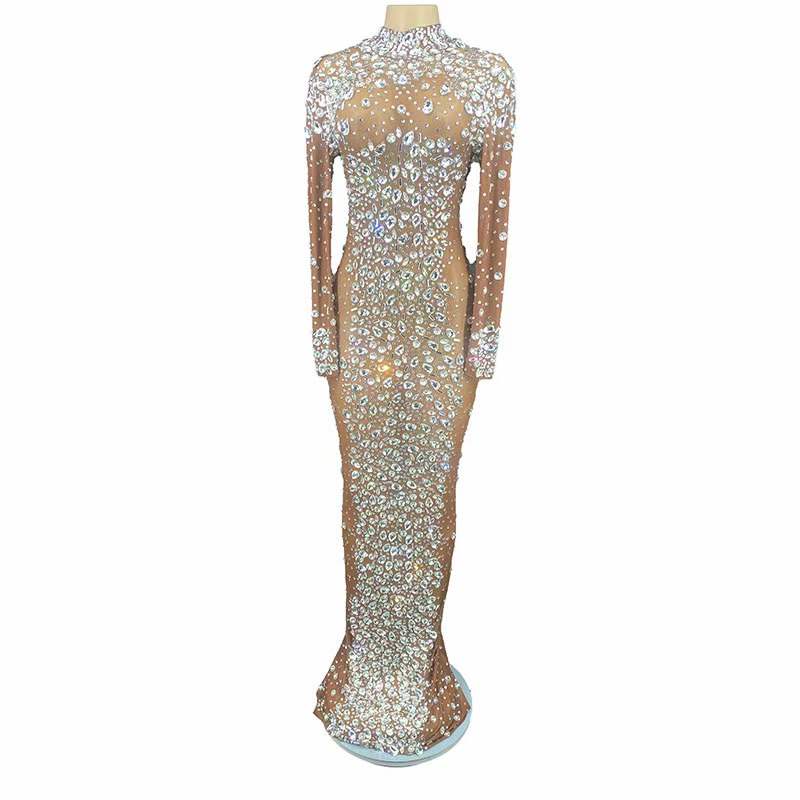 XL / PL04081 white Feasts Host V Cut Back Rhinestone Diamond Luxury Maxi Dress Casual Long Sleeve Diamond Mesh Birthday Dress Women Crystal