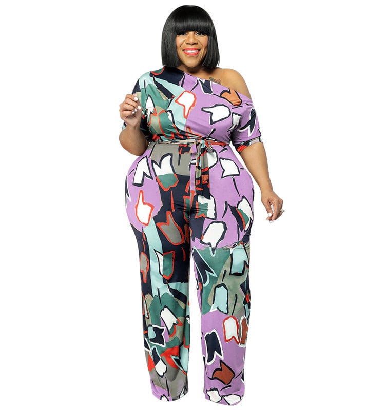 XL / Purple Amazon New Big Size 3XL 4XL 5XL Summer New Slanted Shoulder Printed Loose Jumpsuit with Belt