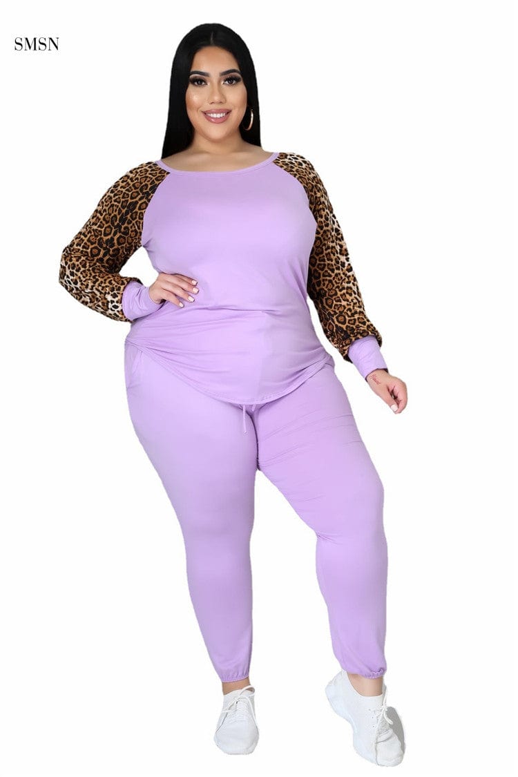 XL / Purple SMSN OSINA Good Quality Autumn Leopard Print Long Sleeve Women Pants Set Lounge Wear Plus Size Women Clothing Two Piece Set