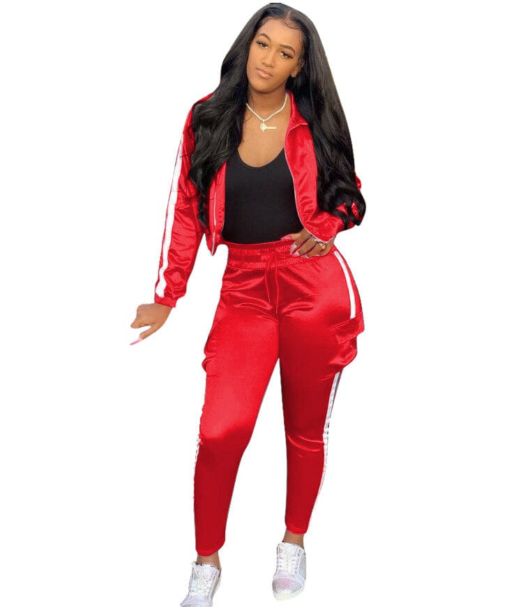 XL / Red fall women jogging suits custom 2022 satin 2 piece reflective tracksuit set women