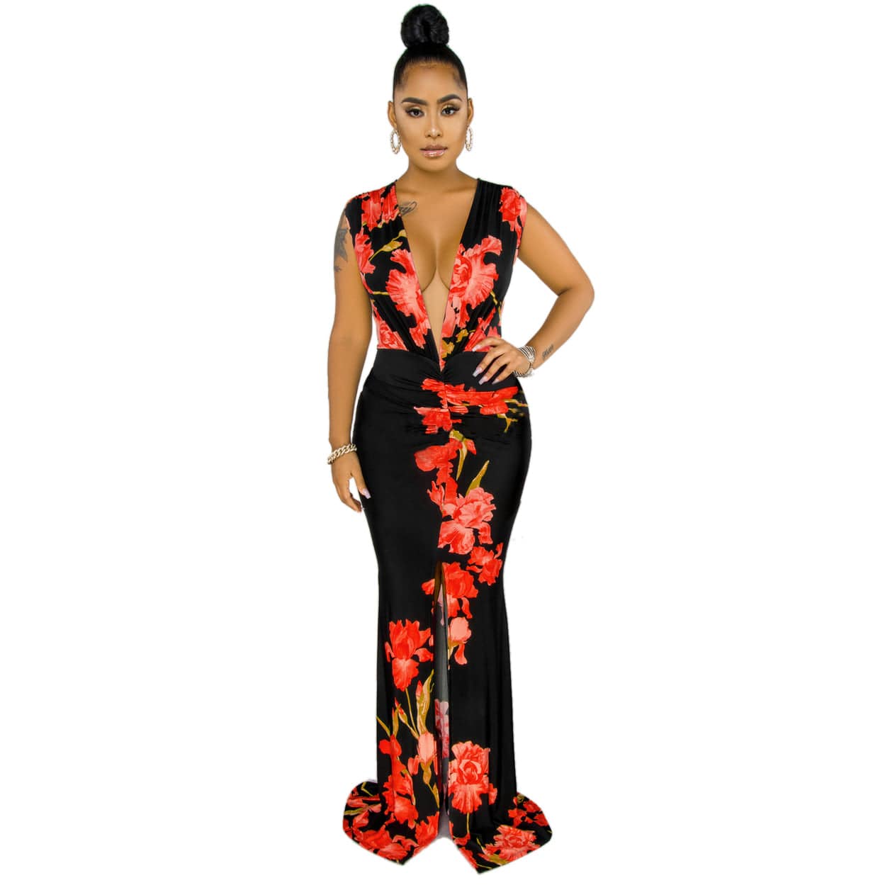 XL / Red Fashion Sleeveless V-neck Printed Patchwork Dress SMR9622 Women's Sexy Wedding Party Formal Evening Dress Sleeveless Sleeve