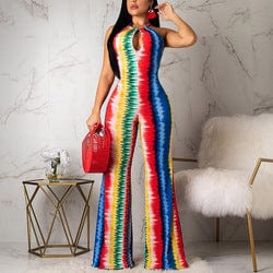 XL / Red JB-19101252 Summer New Stylish Halter Neck Shimmer Irregular Pattern Wide Leg One Piece Jumpsuit Women