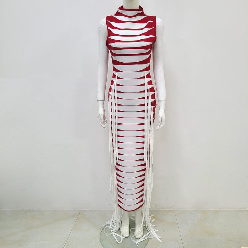 XL / Red NOVANCE summer dresses women 2023 sleeveless white stripe tassel fringe gowns prom dress for nightclub bar ball room