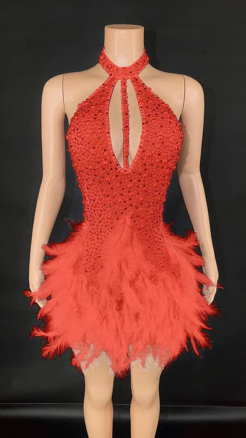 XL / Red Novance Y3276 Hot Sales 2024 New Arrivals High Neck Elegant Sequin Evening Night Wedding Dress with Pearls Feather for Dress