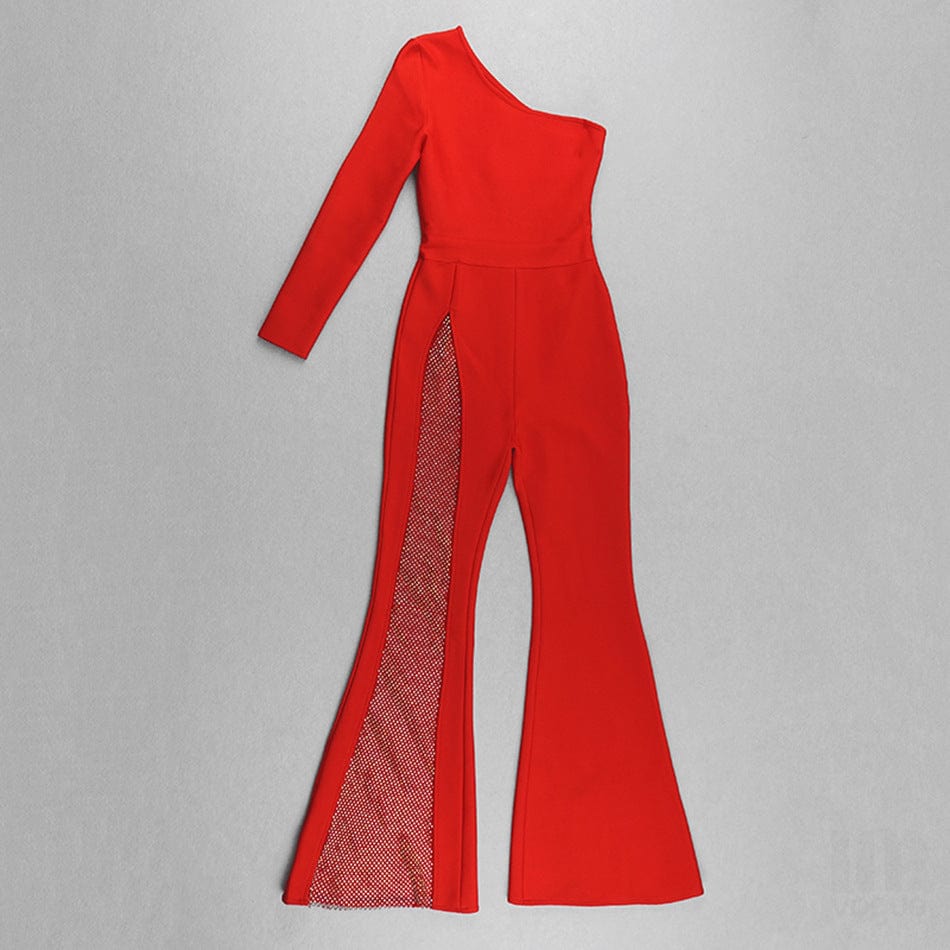 XL / Red spring 2022 hot selling fashion women clothing single sleeve mesh beading flare pants women's sexy tight bandage jumpsuit