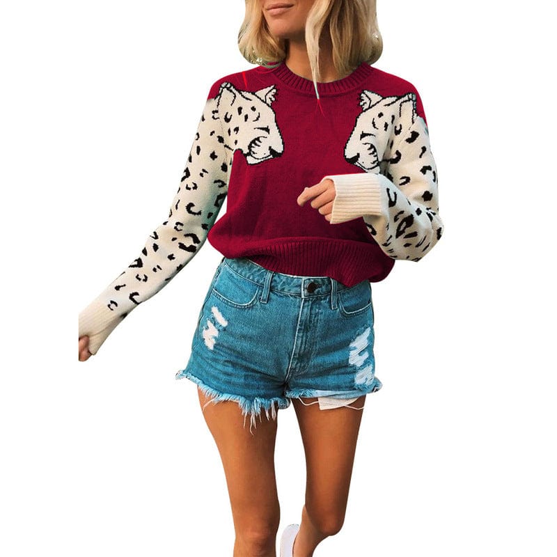 XL / Red WN501292 Fashion leopard knitting top O Neck Casual women fall Long sleeve winter knit sweater